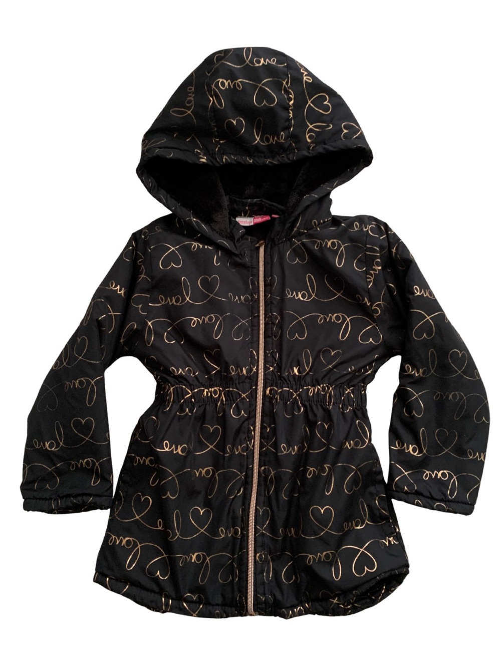 Penelope Mack Black Hooded Puffer Jacket Gold Love Script Hearts Girl’s 4 Boho